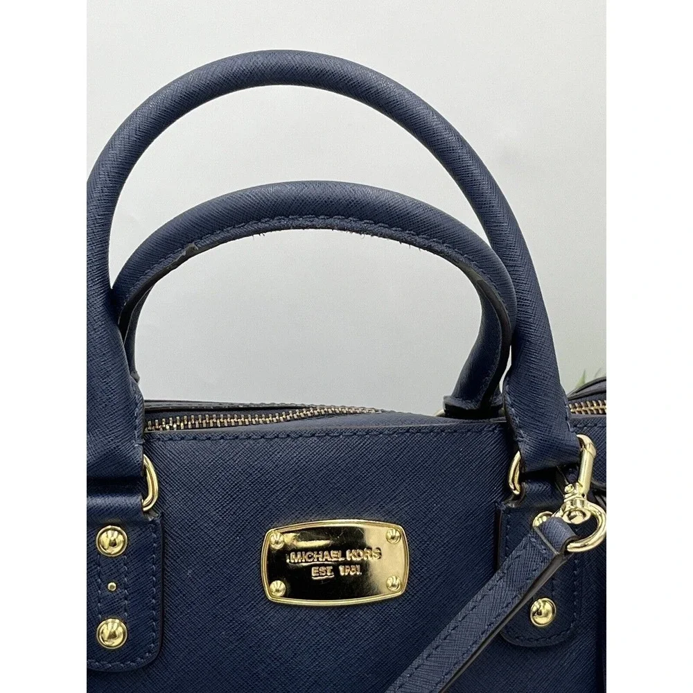 Michael Kors Cindy Large Blue Crossgrain Leather Satchel Top Handle Shoulder Bag